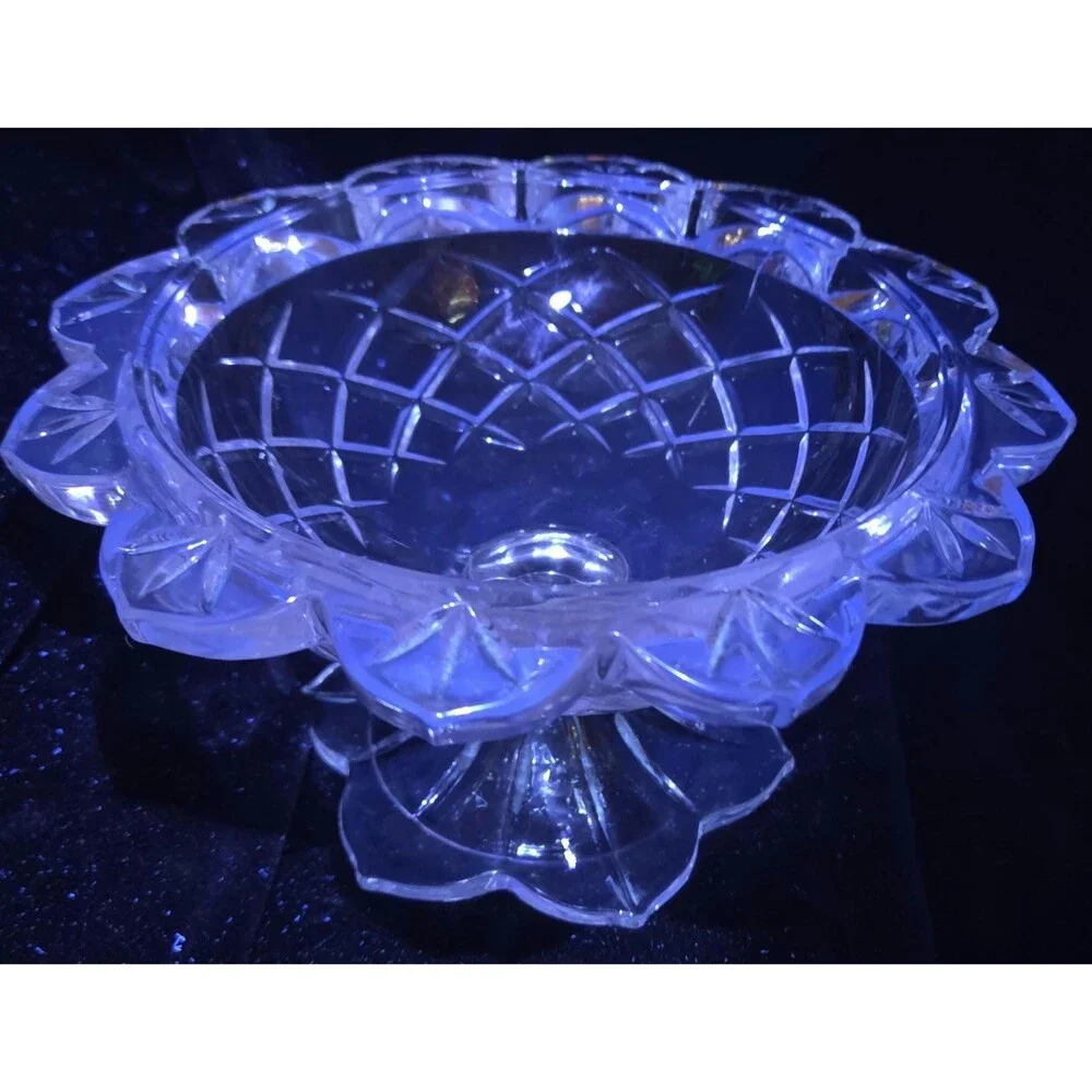 Vintage Polonia Crystal Pedestal Compote Candy Dish 24 Lead Crystal Petal Edge